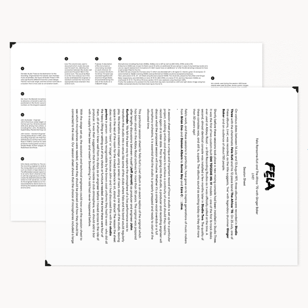 Abbey Road Studios Fela Kuti Session Sheet