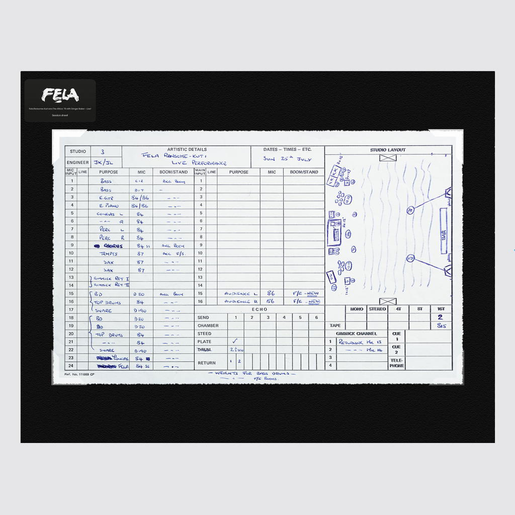 Abbey Road Studios Fela Kuti Session Sheet