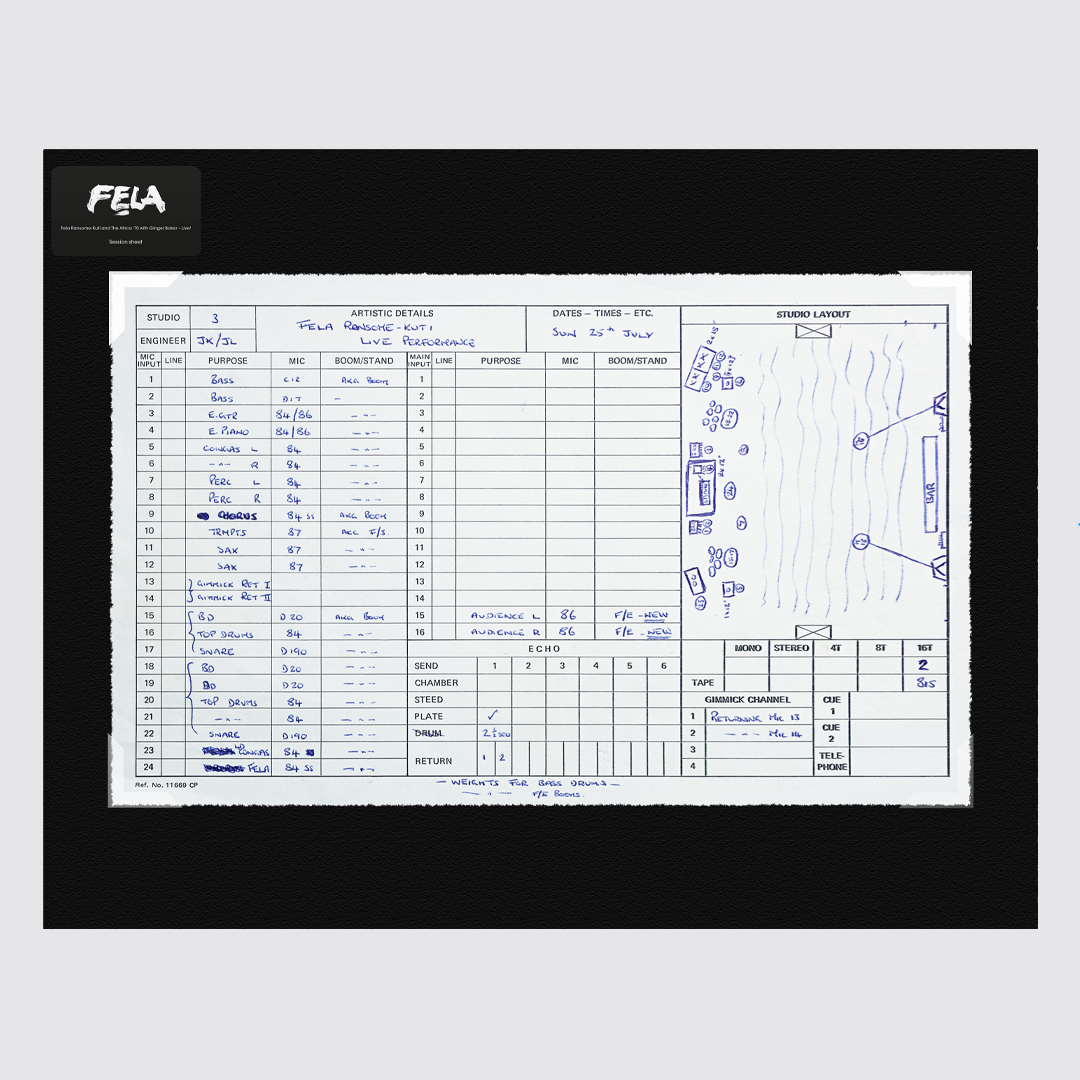 Abbey Road Studios Fela Kuti Session Sheet