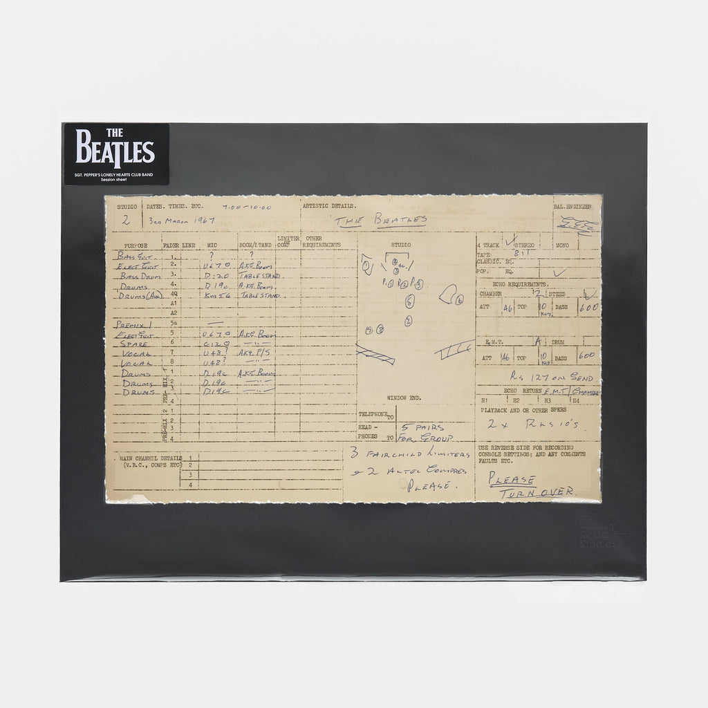 Abbey Road Studios x The Beatles 'Sgt. Pepper's Lonely Hearts Club Band' Session Sheet