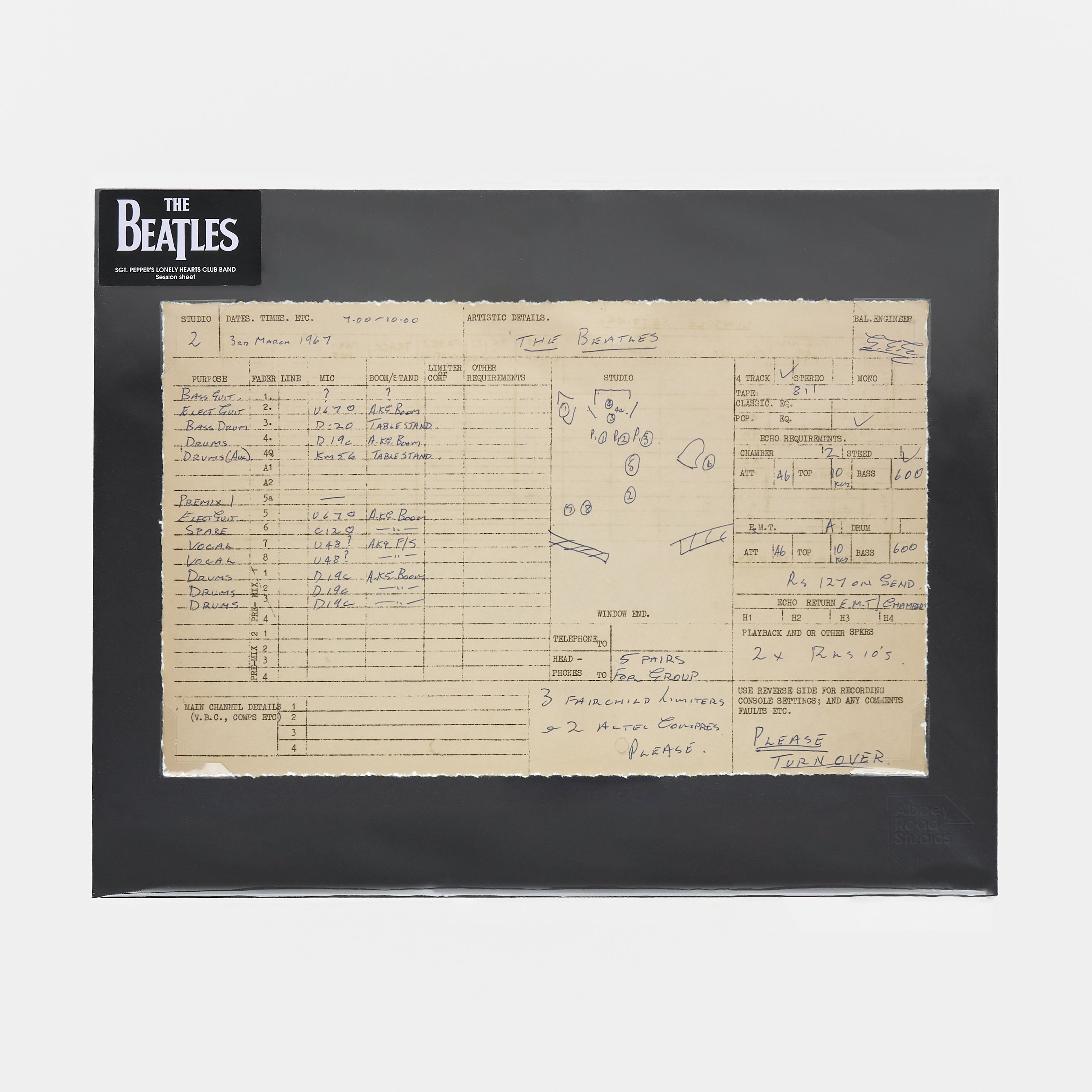 Abbey Road Studios x The Beatles 'Sgt. Pepper's Lonely Hearts Club Band' Session Sheet