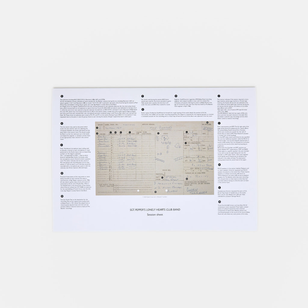 Abbey Road Studios x The Beatles 'Sgt. Pepper's Lonely Hearts Club Band' Session Sheet
