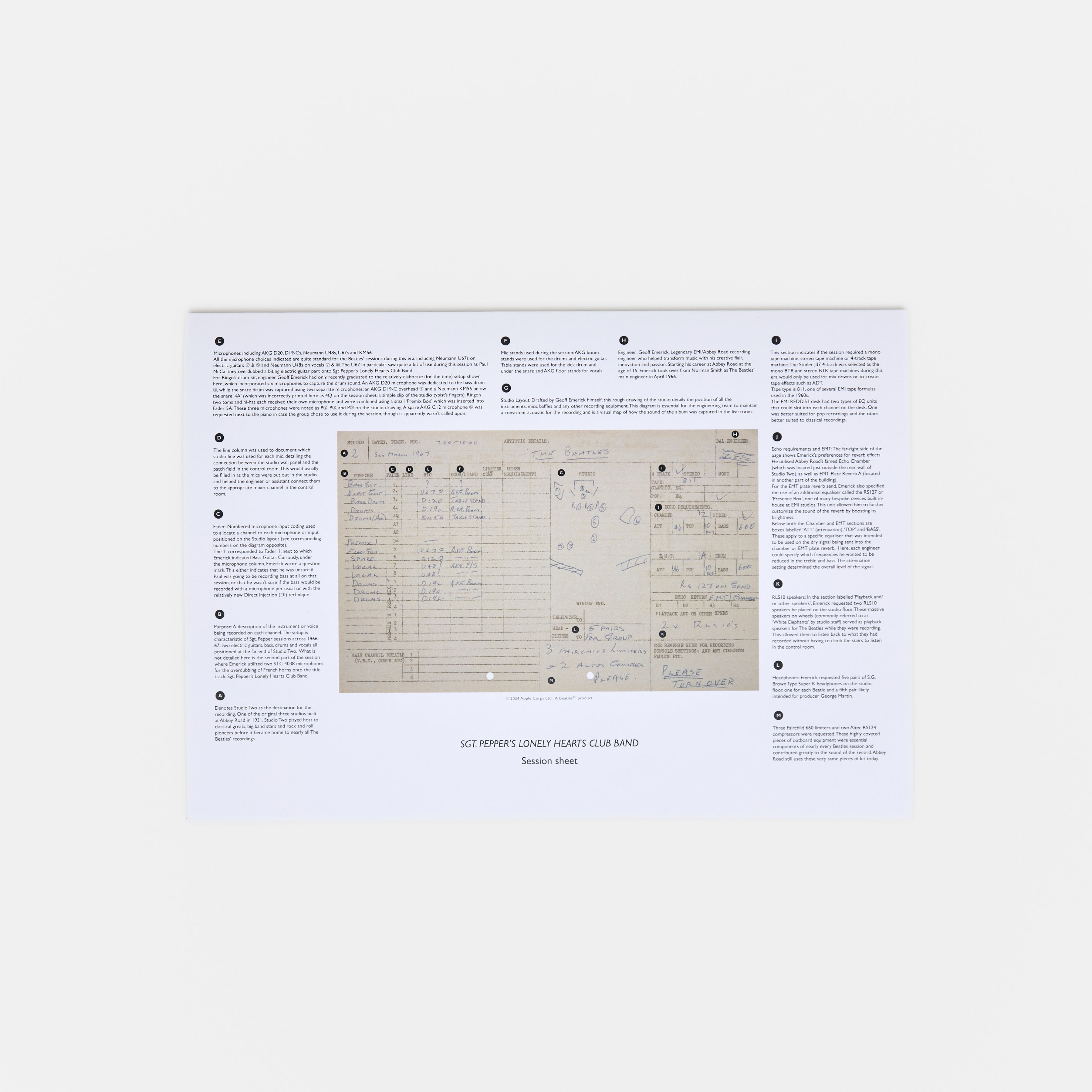 Abbey Road Studios x The Beatles 'Sgt. Pepper's Lonely Hearts Club Band' Session Sheet