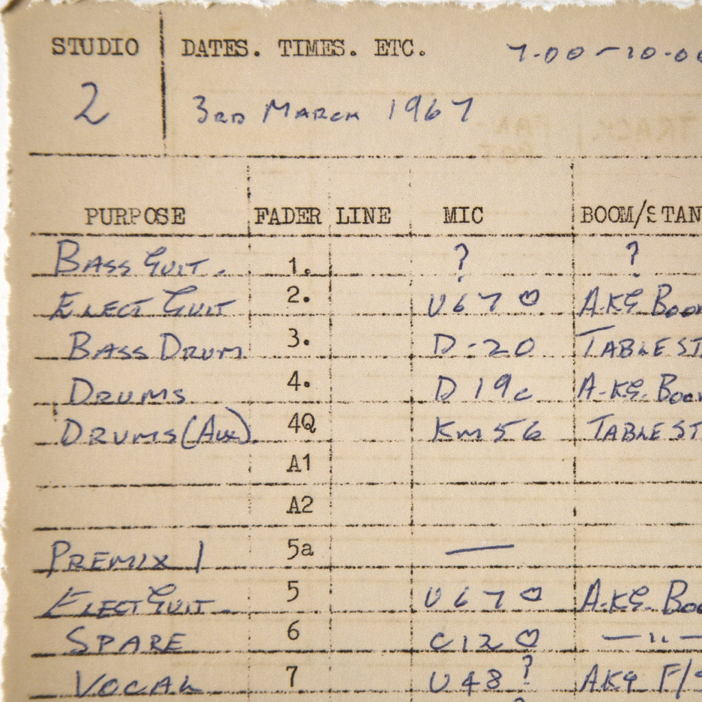 Abbey Road Studios x The Beatles 'Sgt. Pepper's Lonely Hearts Club Band' Session Sheet