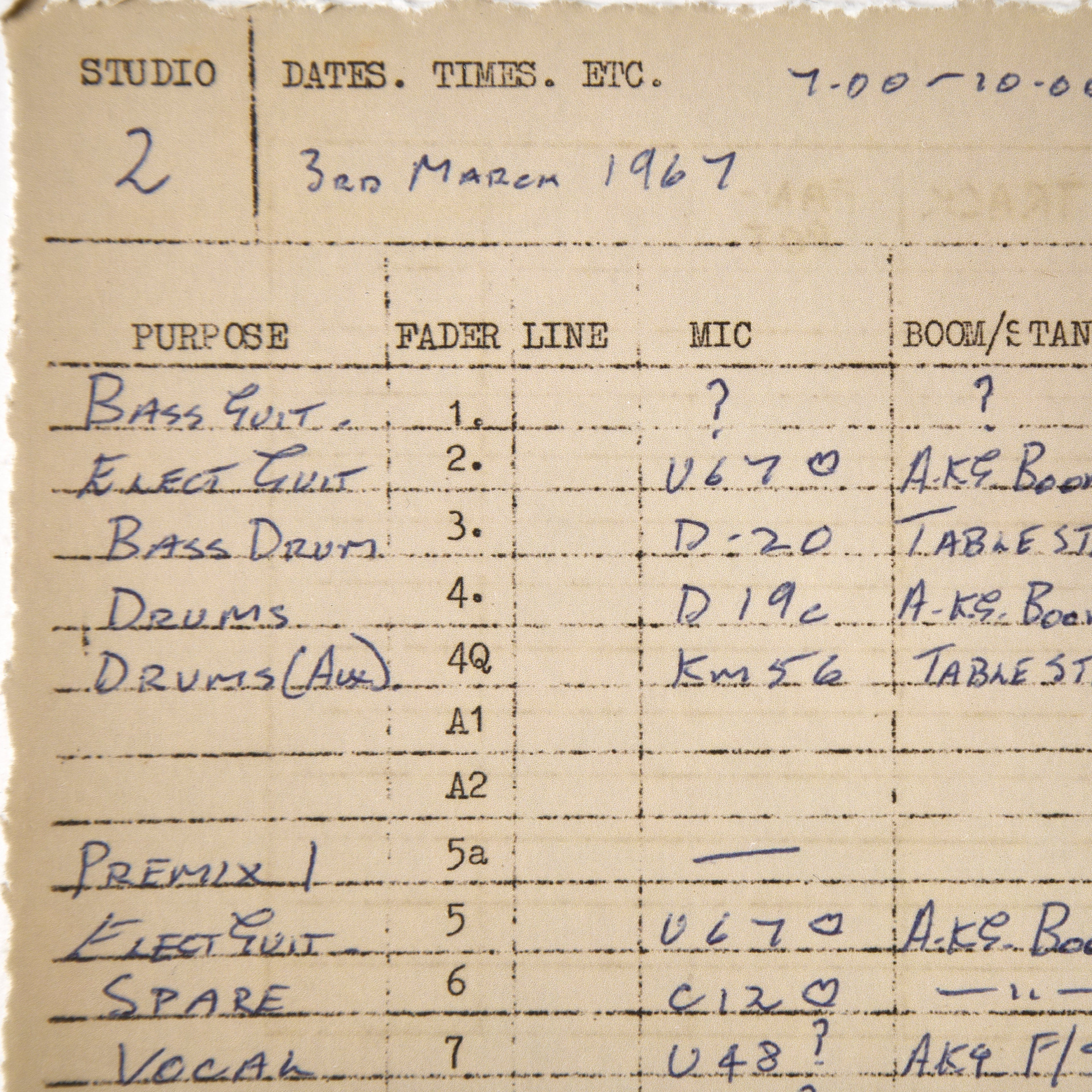 Abbey Road Studios x The Beatles 'Sgt. Pepper's Lonely Hearts Club Band' Session Sheet